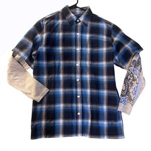 Blue Edge‎ Skater Y2K Flannel Shirt Long Sleeve Dragon Tattoo Print Size L